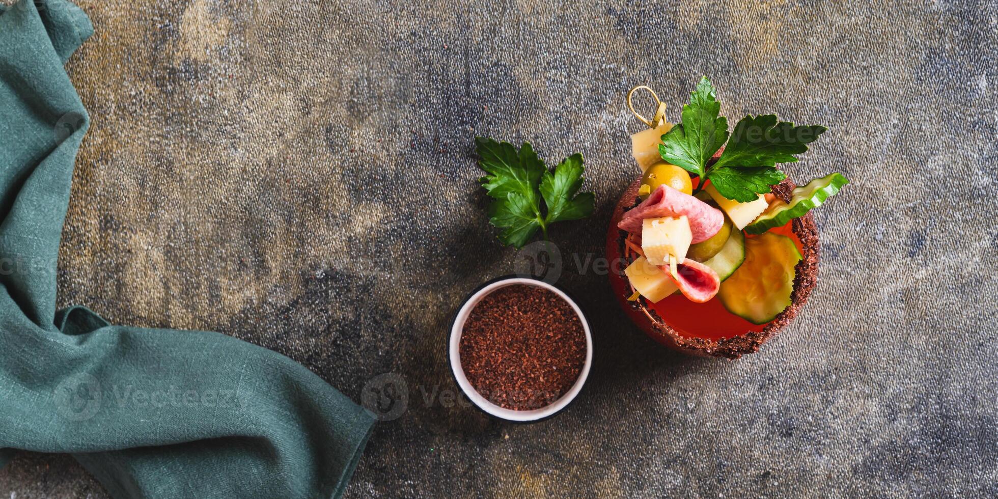 New gastronomic trend snacktails in a glass on the table top view web banner photo