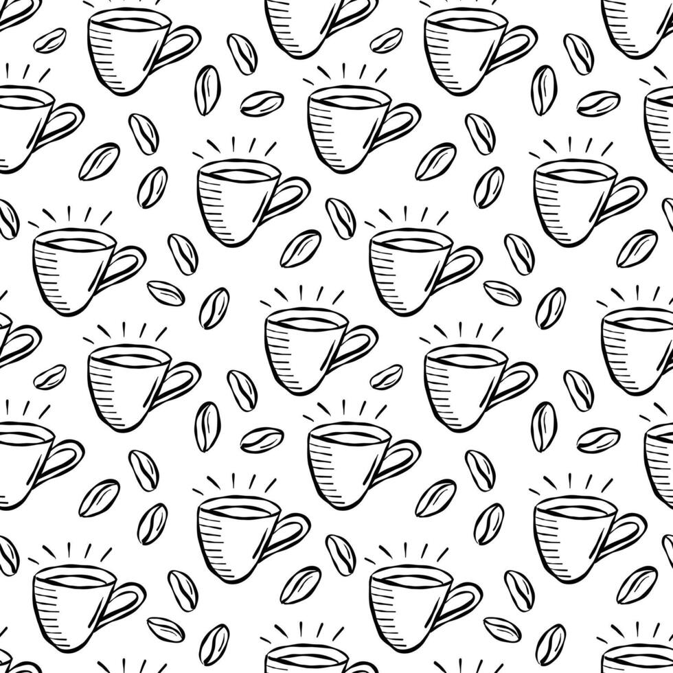 Seamless Coffee Cups and Beans Doodle Pattern vector
