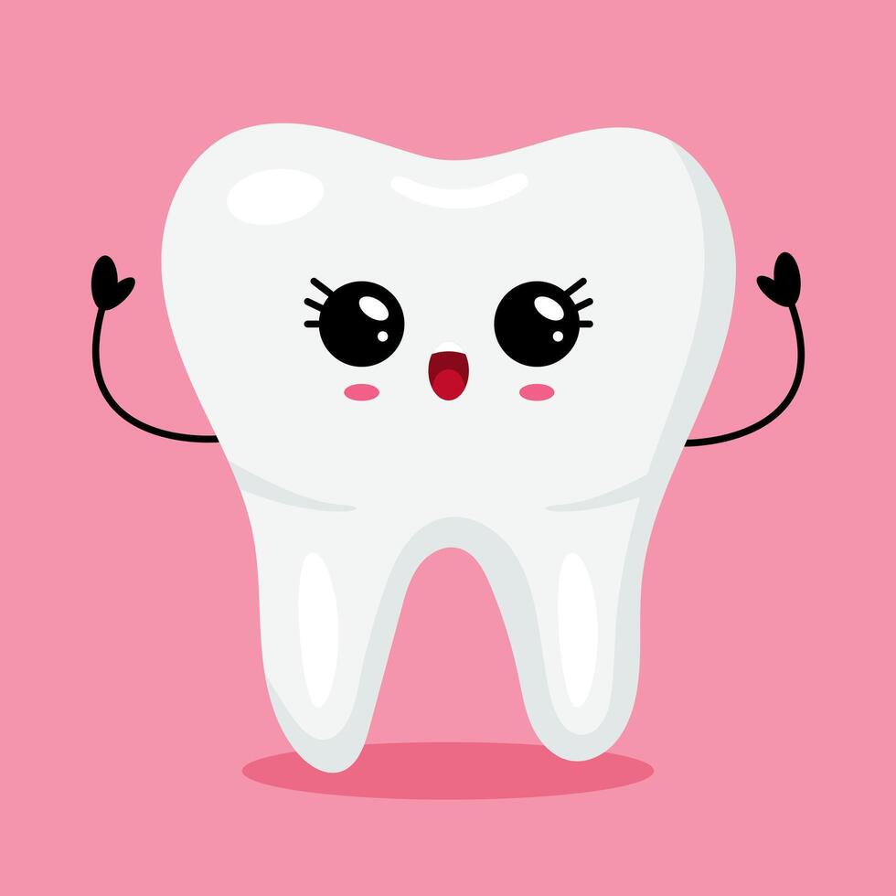 Happy Kawaii Tooth Character with Hands Up vector