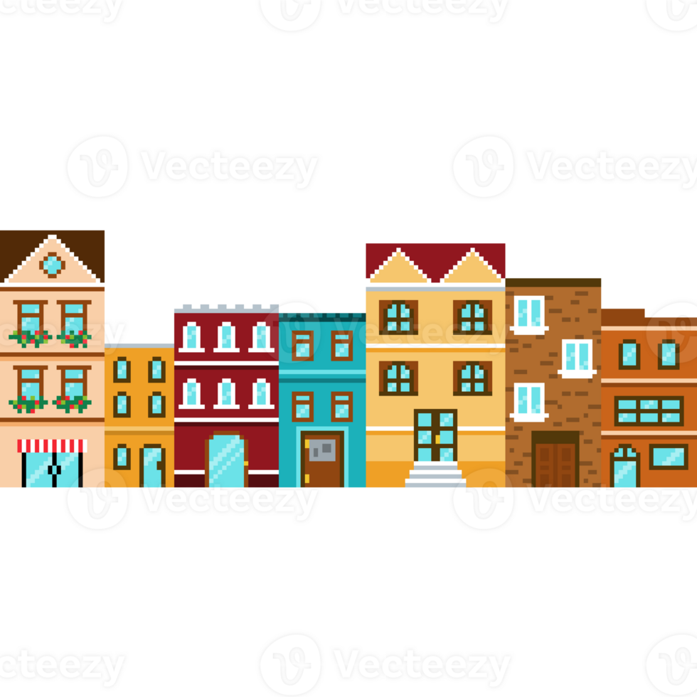 Pixel art urban neighborhood with colorful townhouses and retro buildings in city block style for game assets png