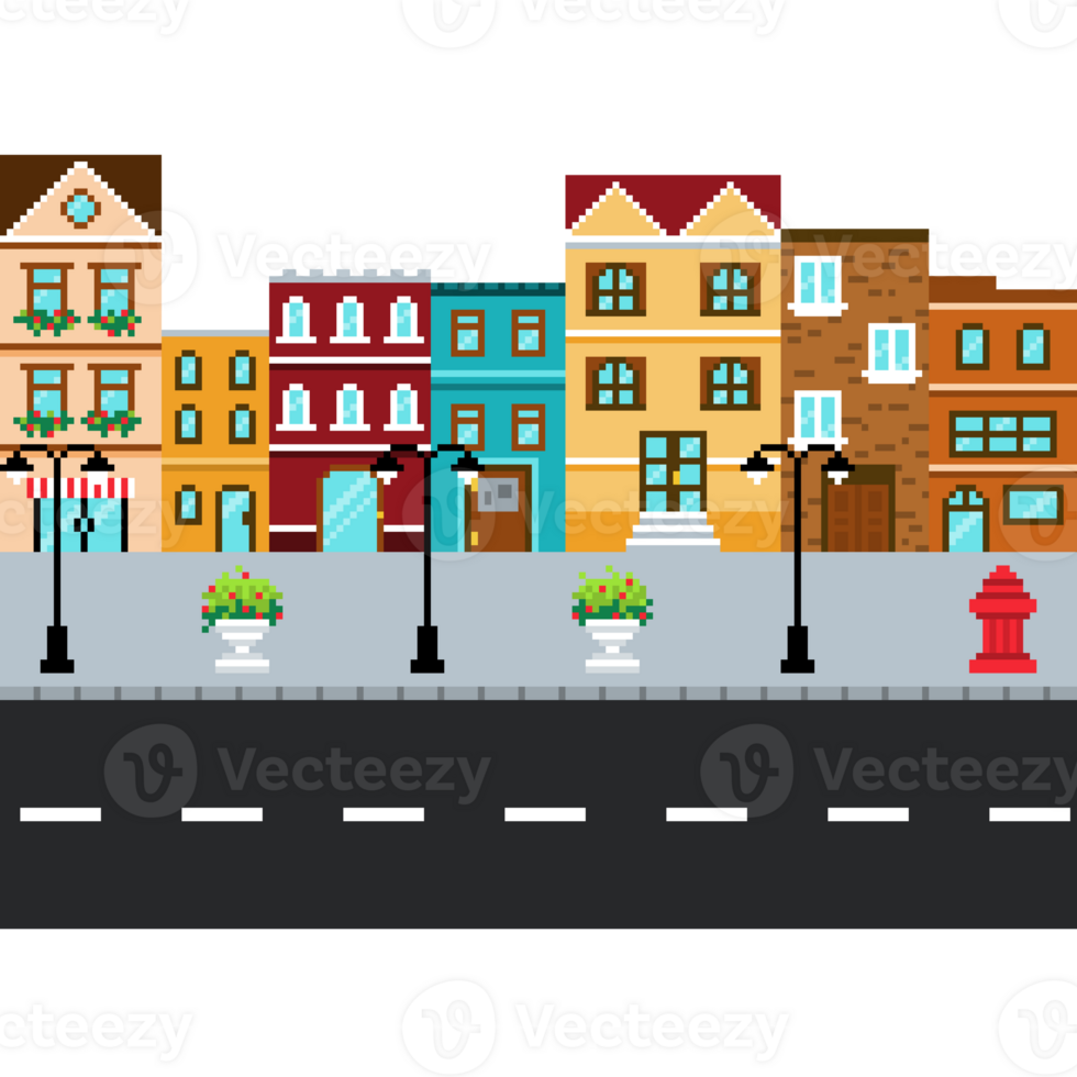 Pixel art modern city street with sidewalk, lampposts, flower planters, and fire hydrant for game maps and scene decoration png
