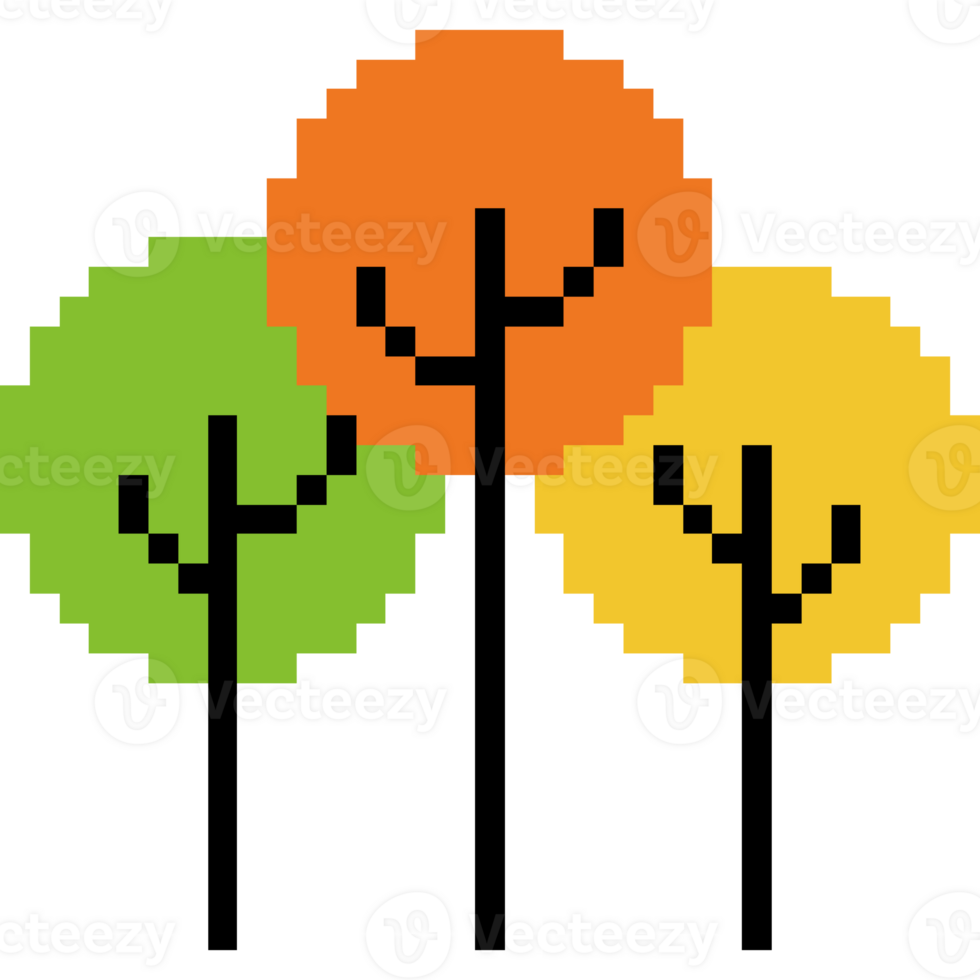 Pixel art autumn trees in green, orange, and yellow colors. 8-bit trees png