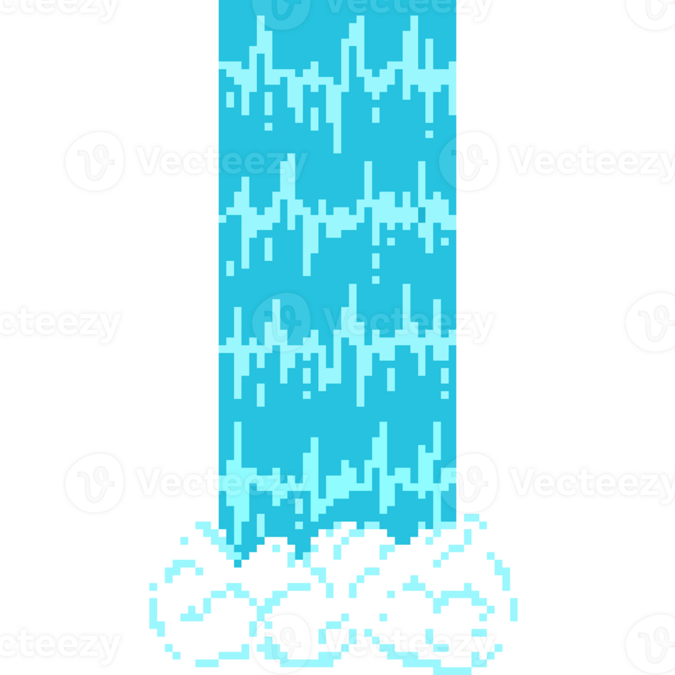Pixel art waterfall with splash. River falls from cliff In pixel style png