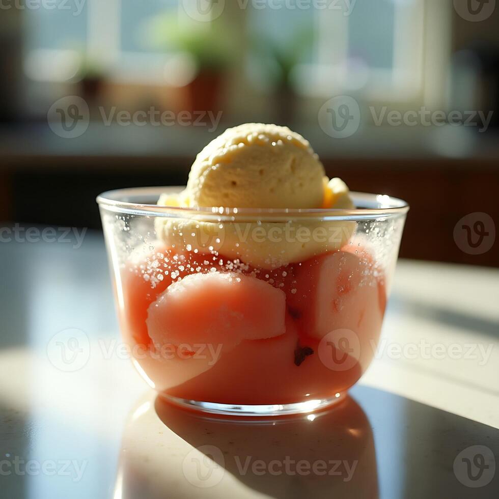 Dessert in Glass Bowl with Fruit and Cream in Sunny Kitchen photo