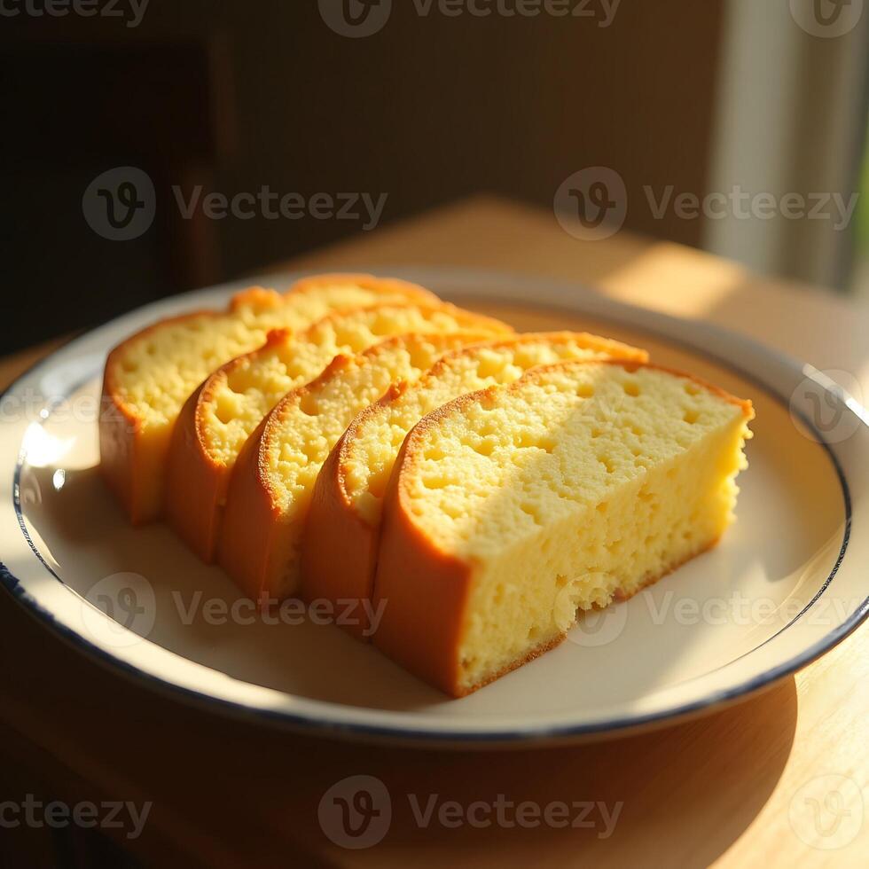 Slices of Golden Cake on Plate Bright Sunlight photo