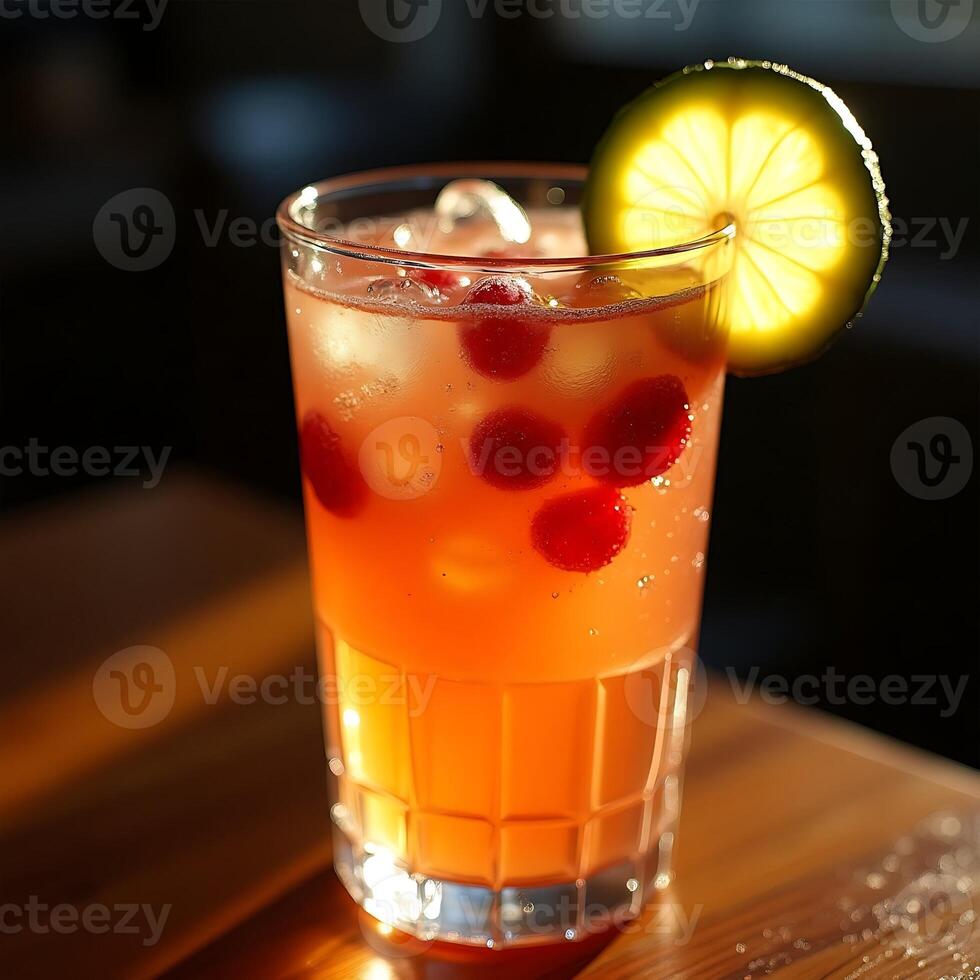 Refreshing Fruit Drink with Ice Cubes and Citrus Slice photo