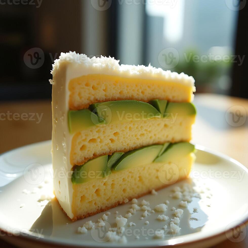 Serving of Cake with Avocado and White Topping on Plate photo