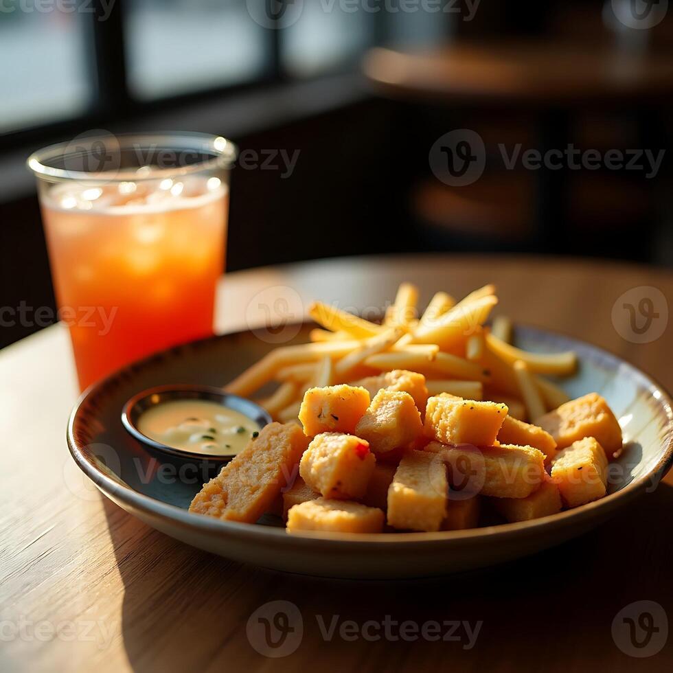 Snack Plate with Fried Bites, Fries and Drink on Wooden Table photo