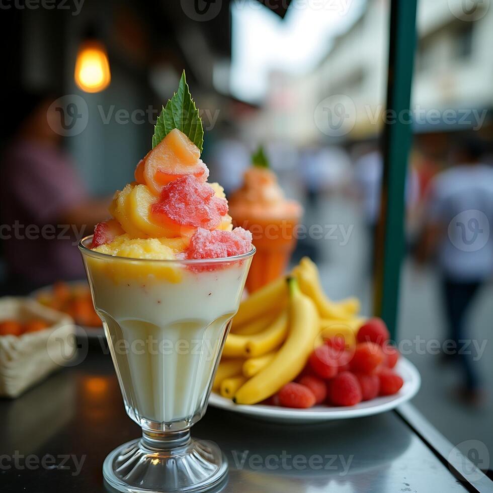 Fruit Shaved Ice Dessert with Banana and Raspberry Outdoors photo