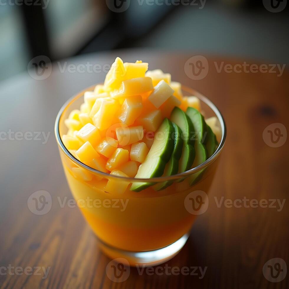 Fruit Dessert in Glass with Mango and Avocado on Wooden Table photo