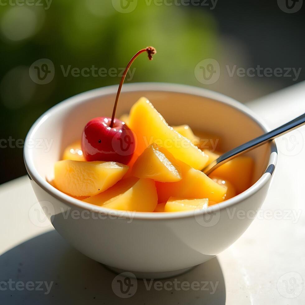 Fruit Salad with Cherry in Bowl on Sunny Day photo