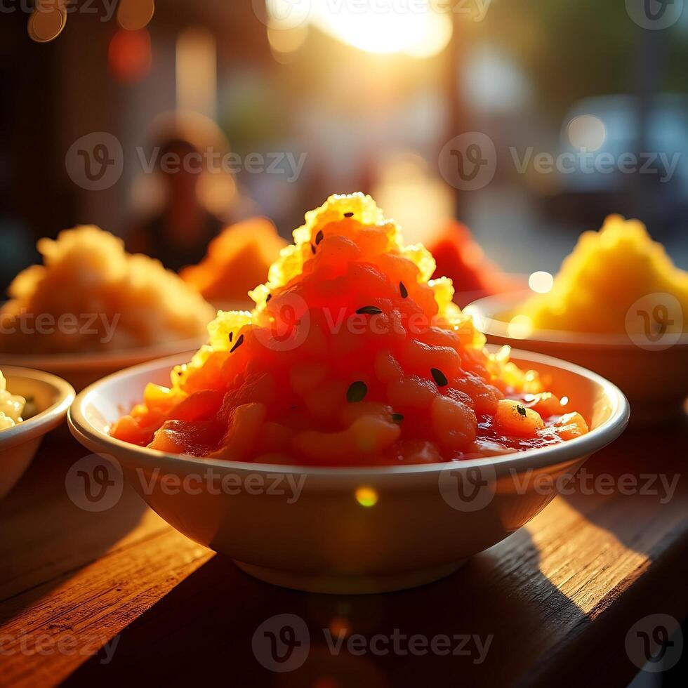Shaved Ice Dessert in Bowls with Bright Sunlight Glow photo