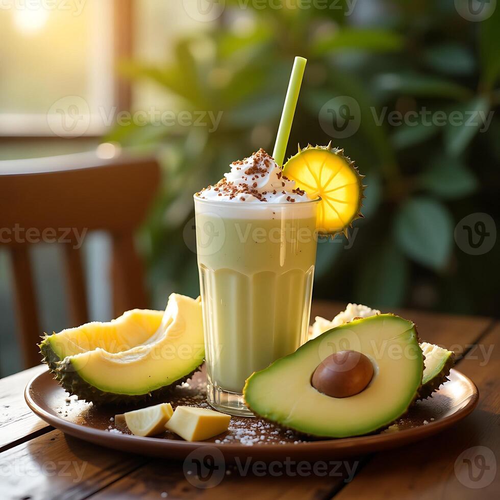 Avocado Smoothie with Whipped Cream and Fresh Fruit photo
