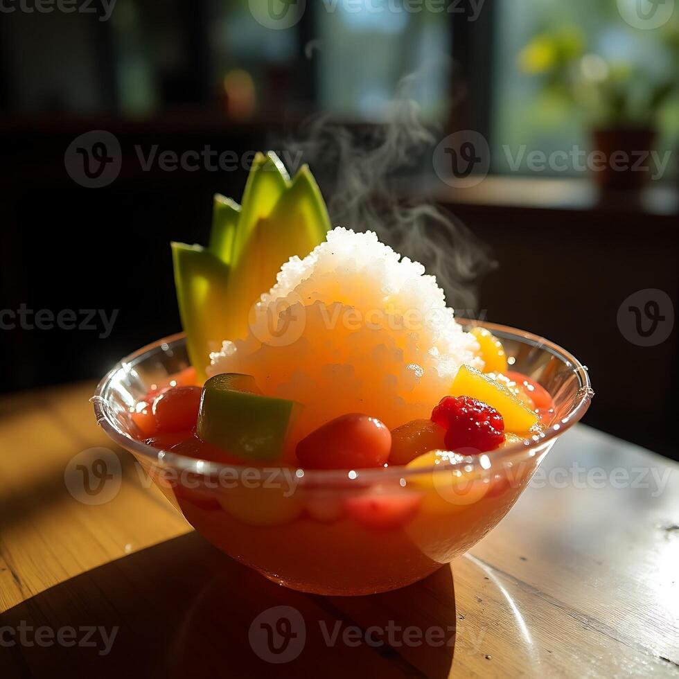 Serving Fruit Shaved Ice in Bowl with Steam and Bright Light photo