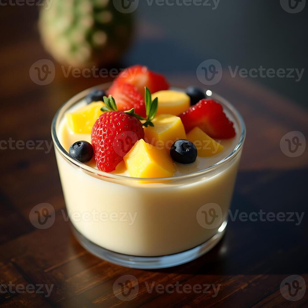 Serving of Dessert with Fresh Mango Strawberry and Blueberry photo