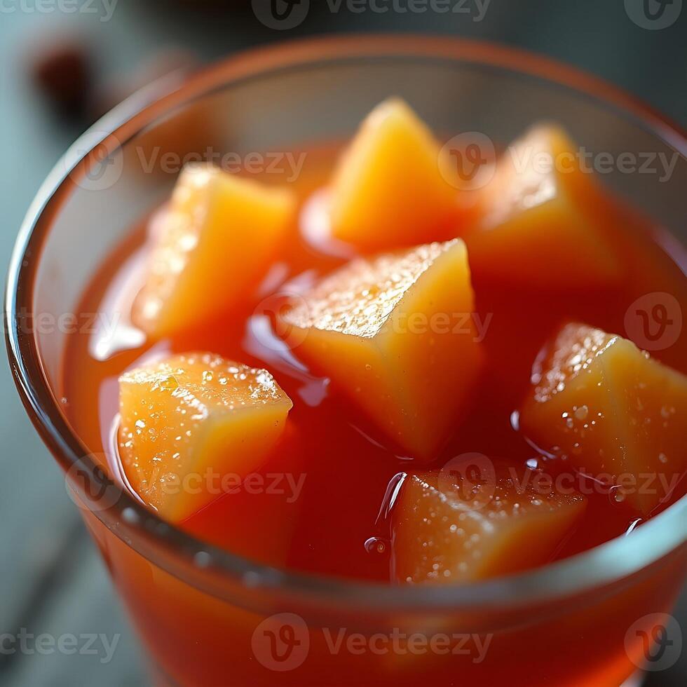 Refreshing Orange Drink with Fruit Pieces in a Glass photo