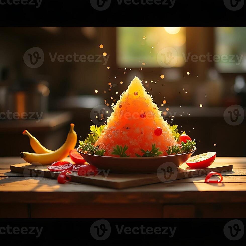 Shaved Ice Dessert Topped with Fruit on Wooden Table photo