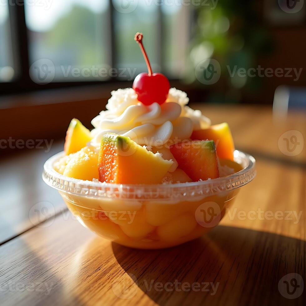 Refreshing Fruit Dessert Bowl with Whipped Cream and Cherry Topping photo