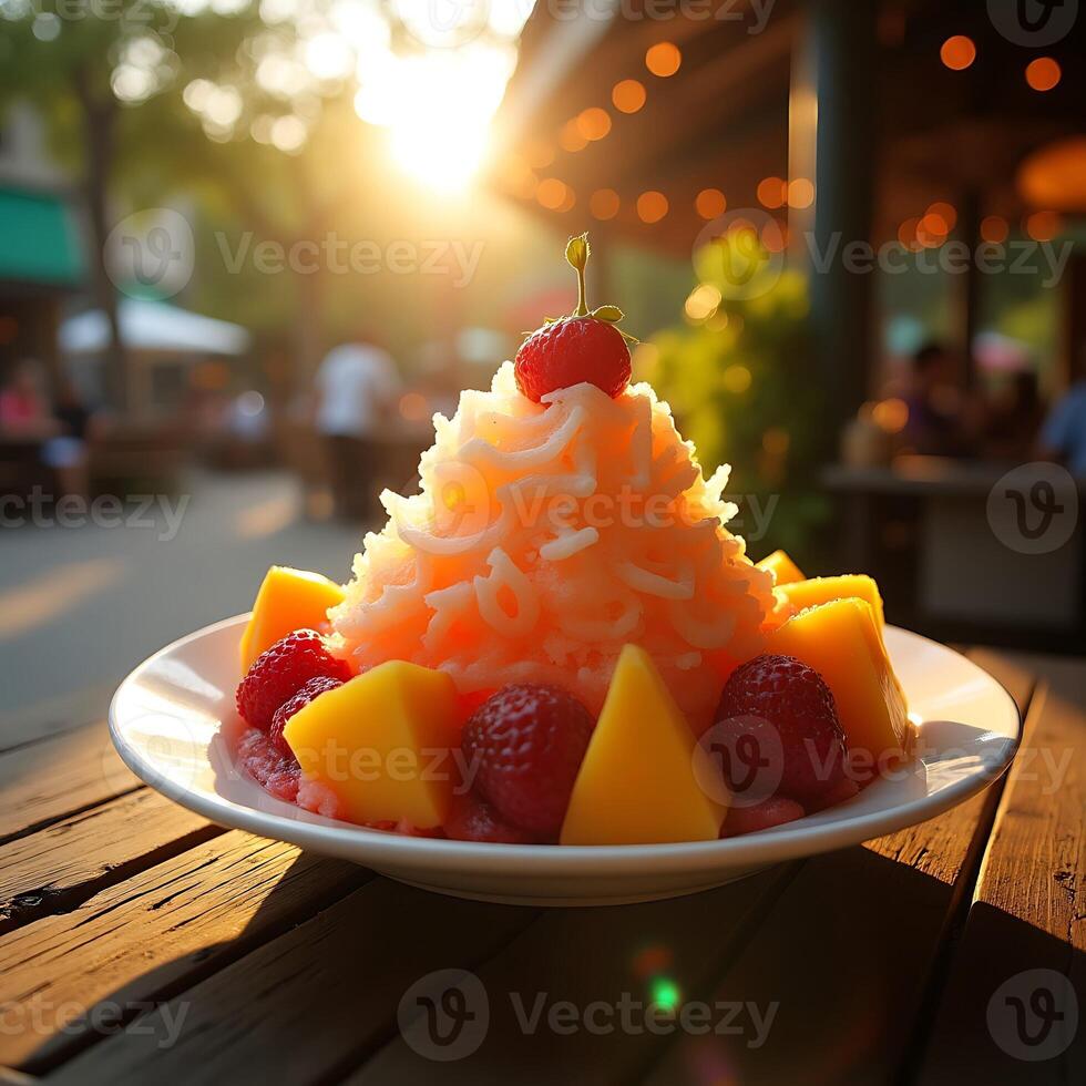 Shaved Ice Dessert with Mango and Berries at Sunset photo