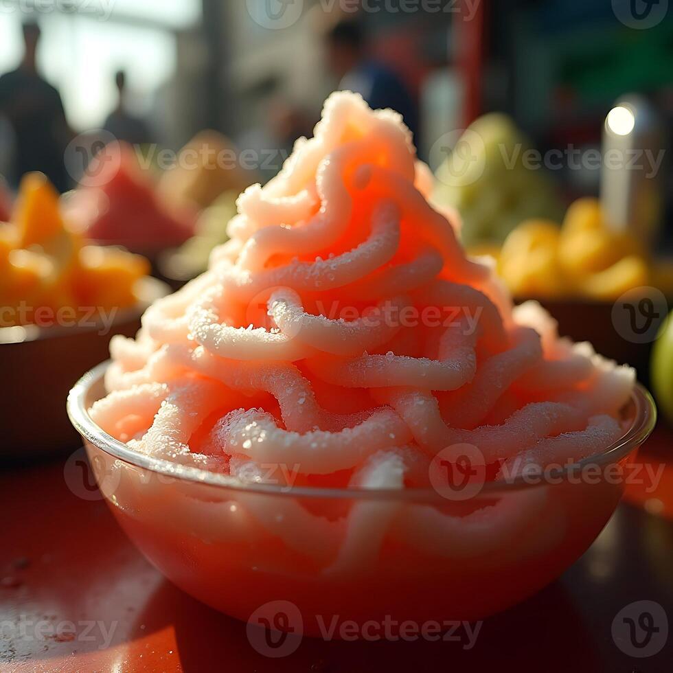 Serving of Pink Noodles in Bowl with Fruit Display photo