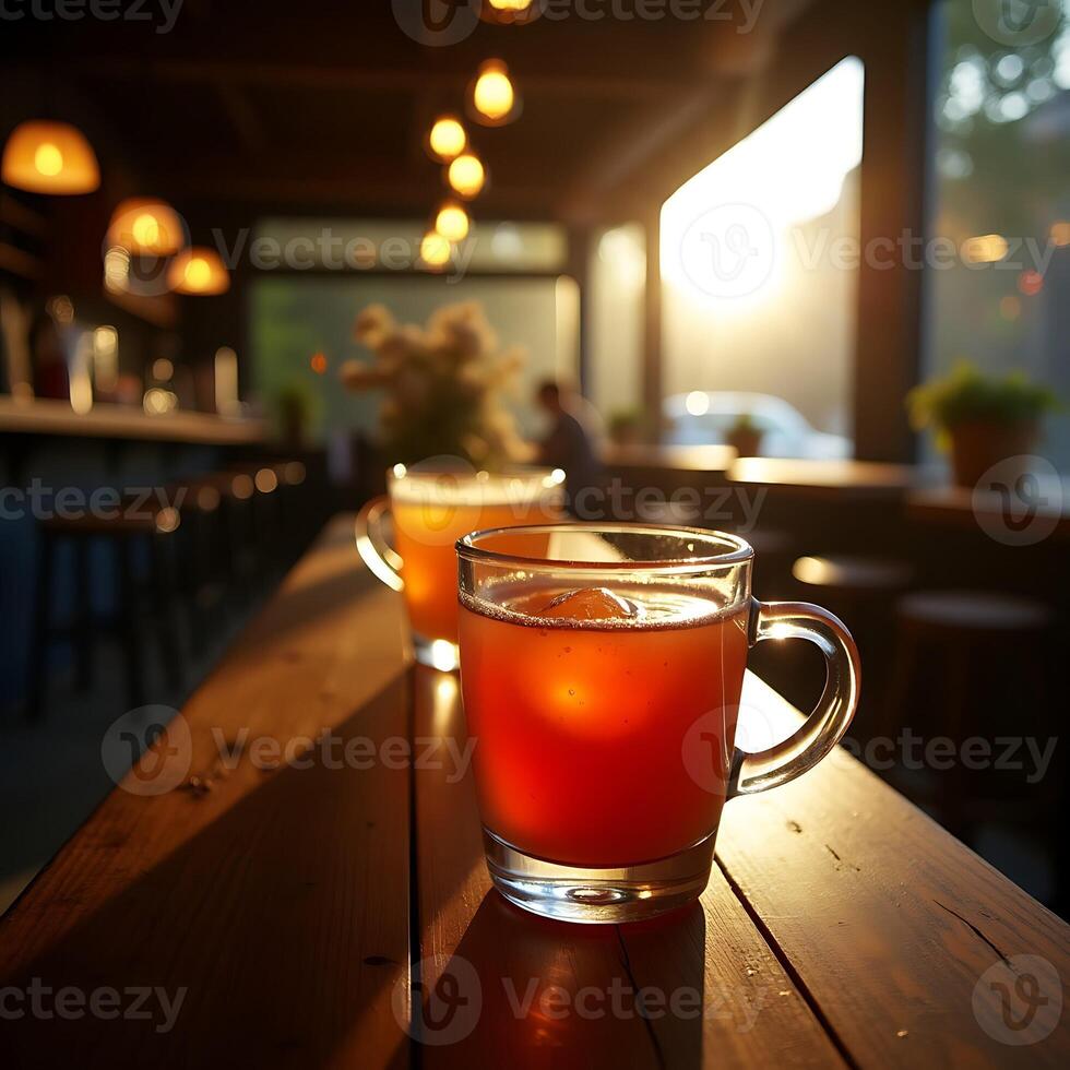 Drinking Refreshing Beverages at Wooden Bar in Warm Light photo