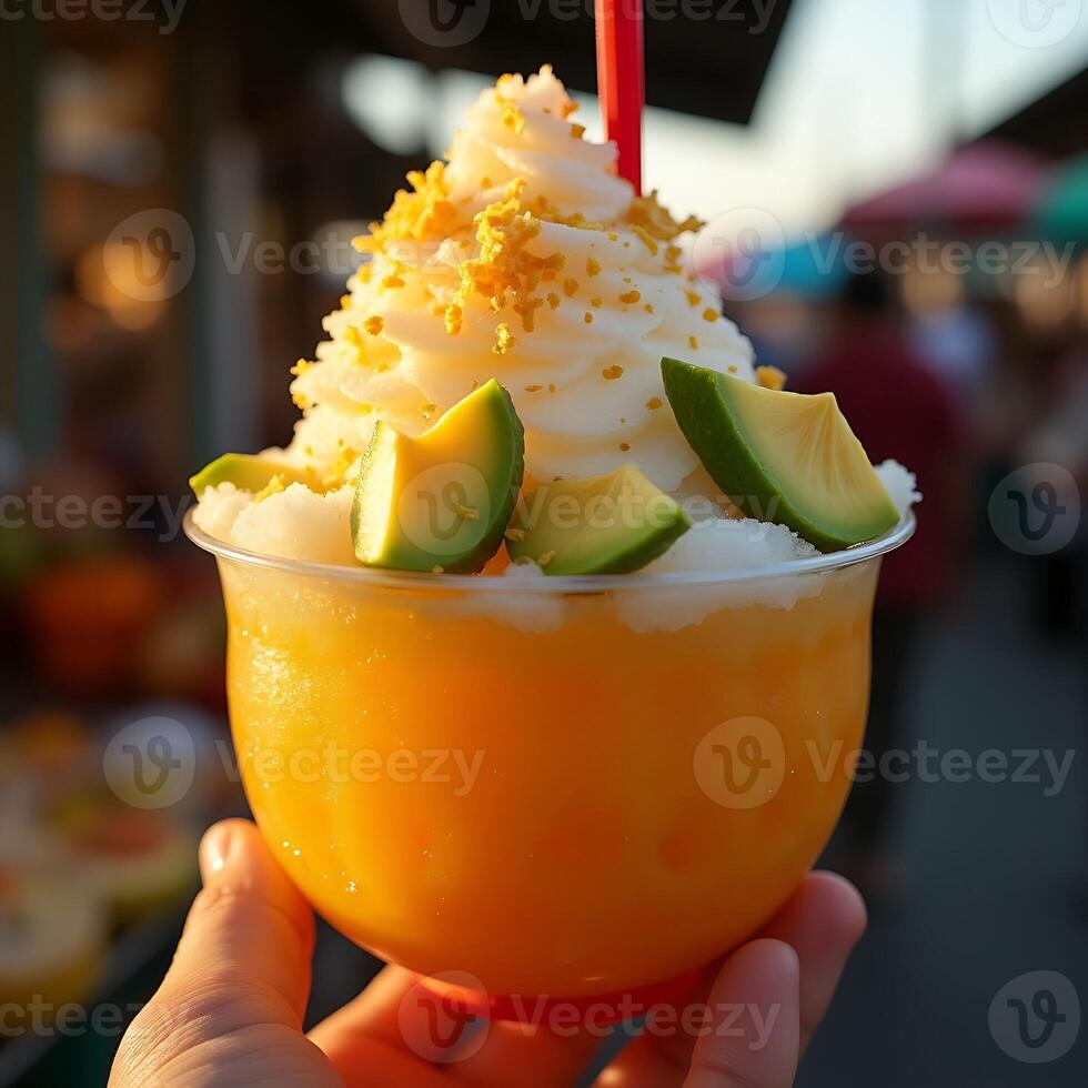 Holding Refreshing Fruit Smoothie with Toppings Outdoors photo