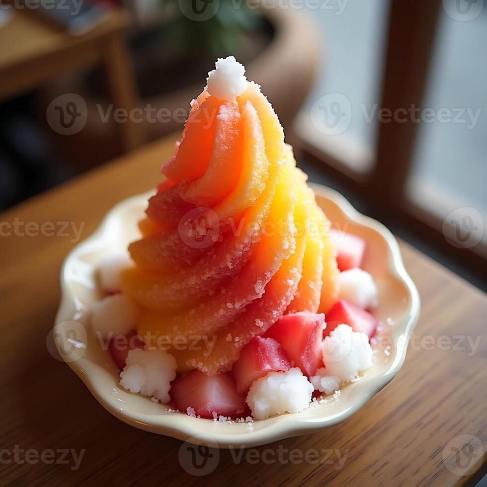 Eating Shaved Ice Dessert with Fruit and Mochi in a Bowl photo
