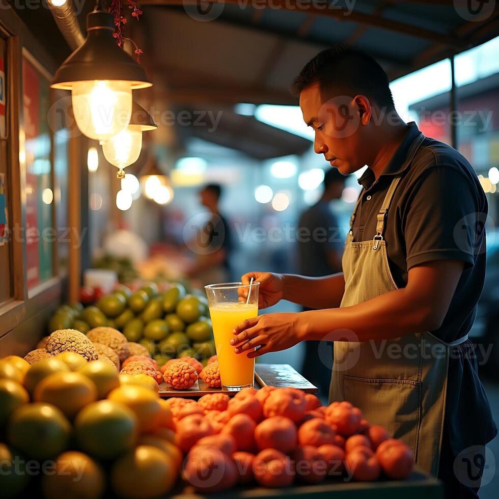 Vendor Preparing Fresh Fruit Juice at Outdoor Market Stall photo