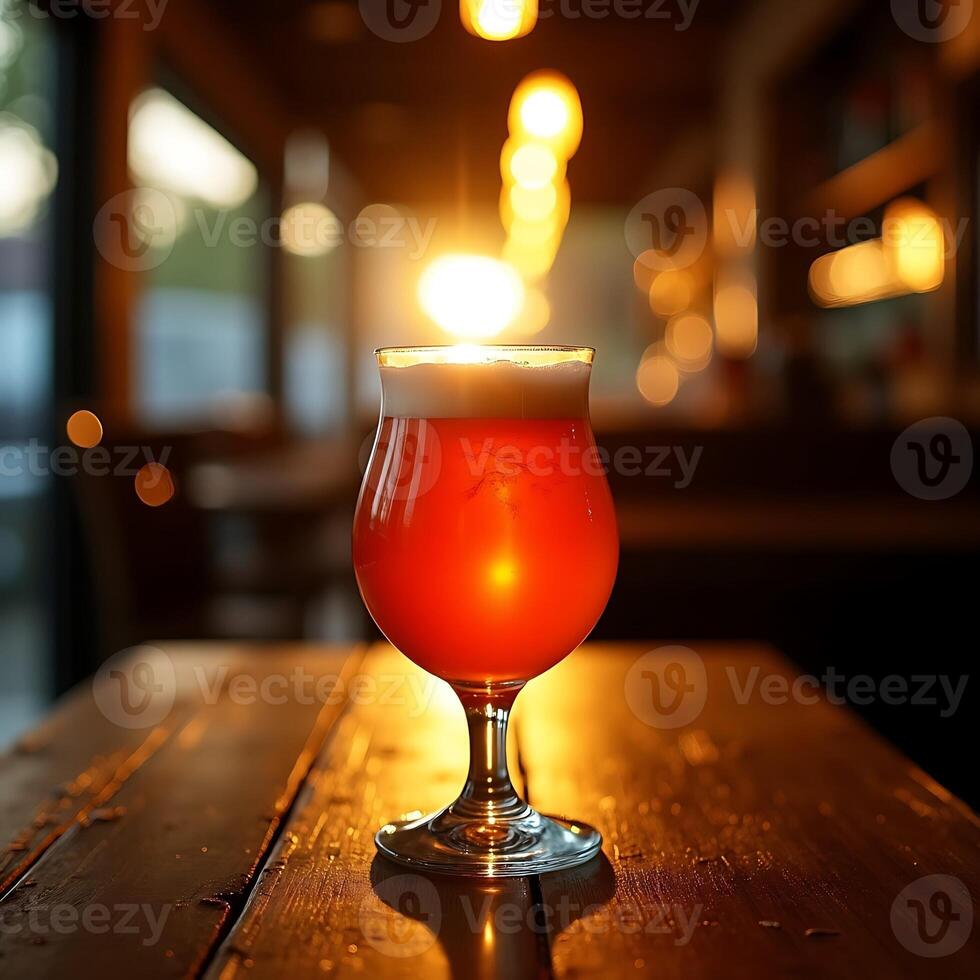 Glass of Refreshing Ale on Wooden Table with Soft Backlighting photo