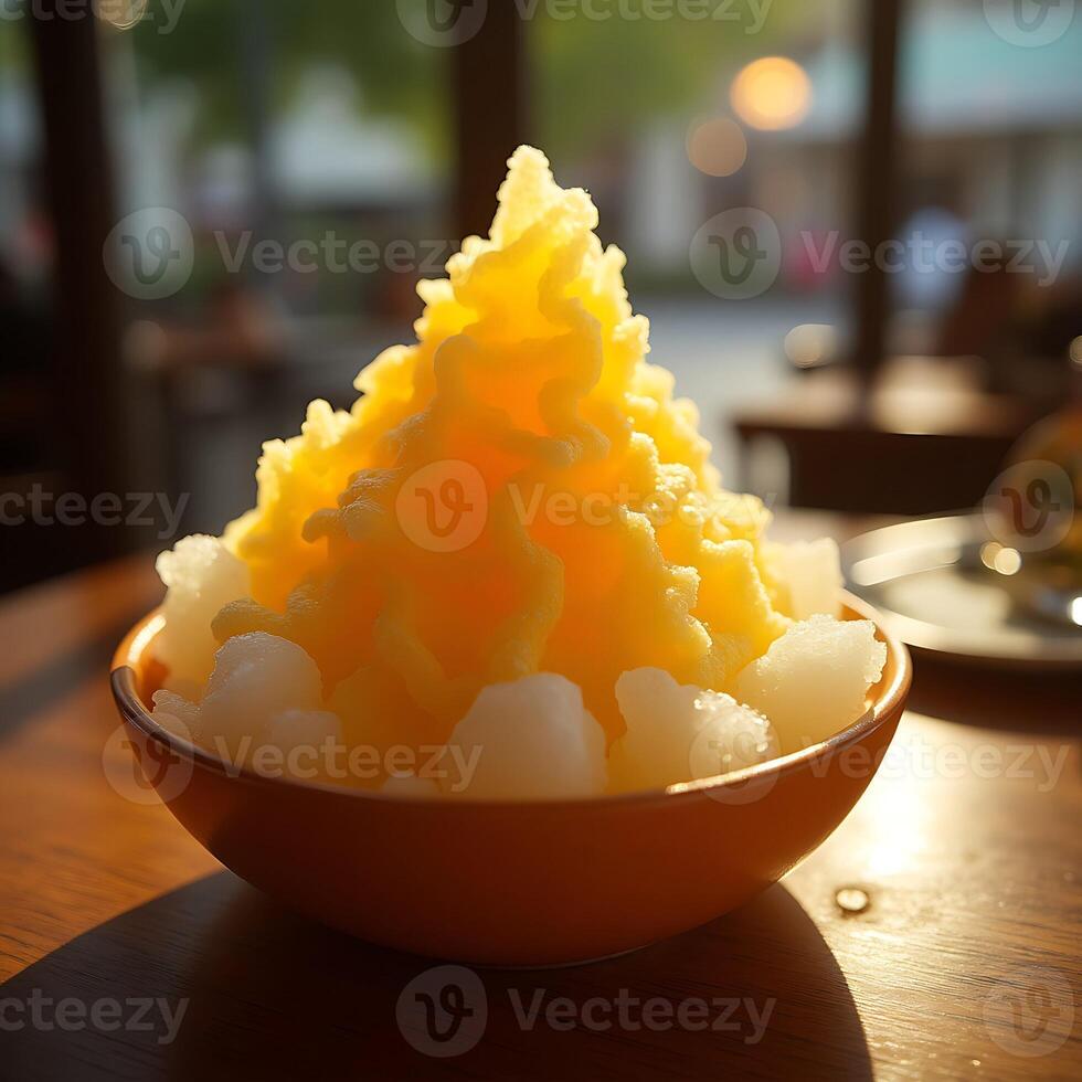 Eating Mango Shaved Ice Dessert in Bowl on Table photo