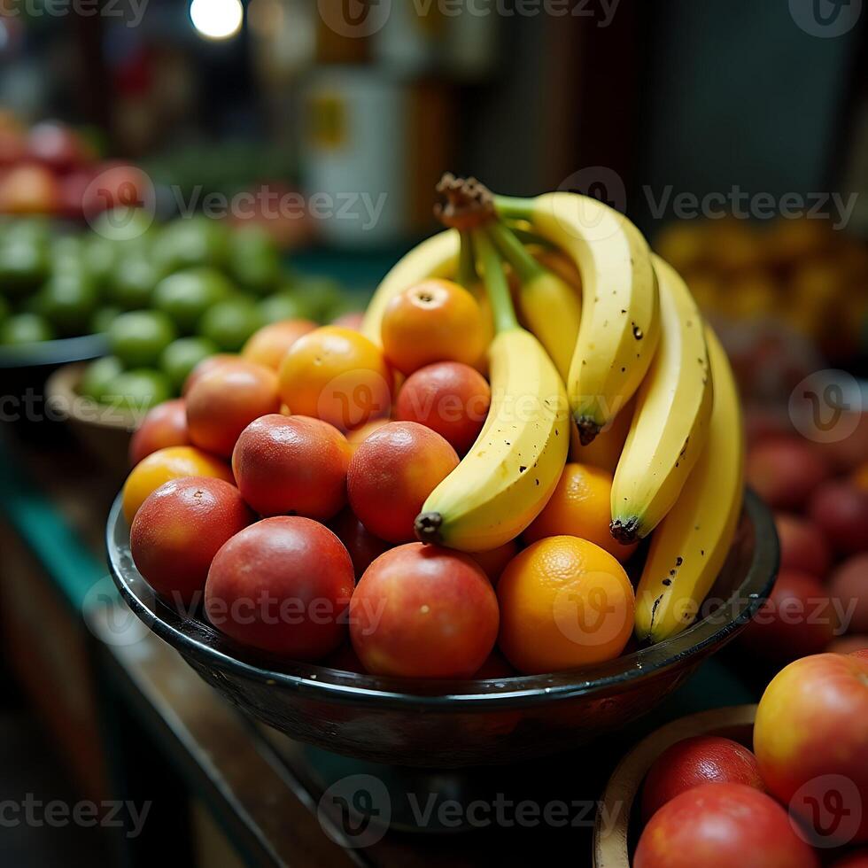 Arrangement of Fresh Fruits in Bowl at Market photo