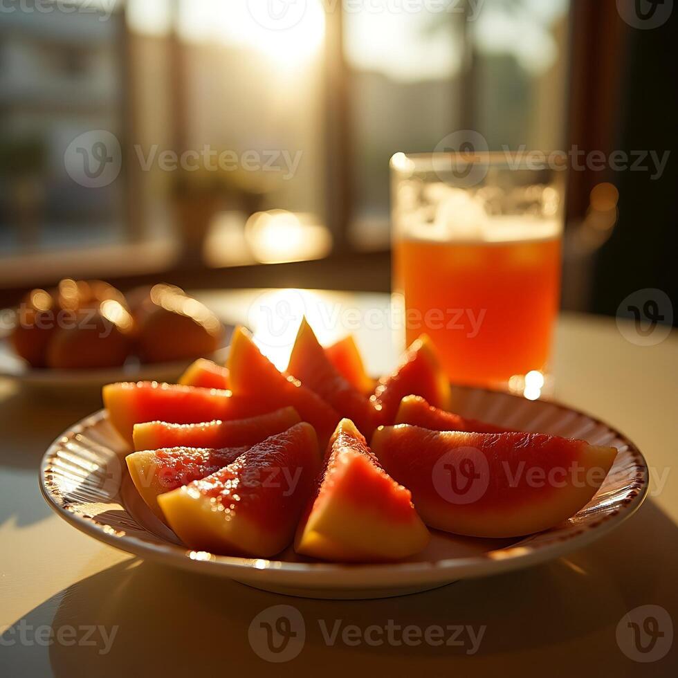 Sliced Fruit Plate with Juice in Sunny Morning Light photo