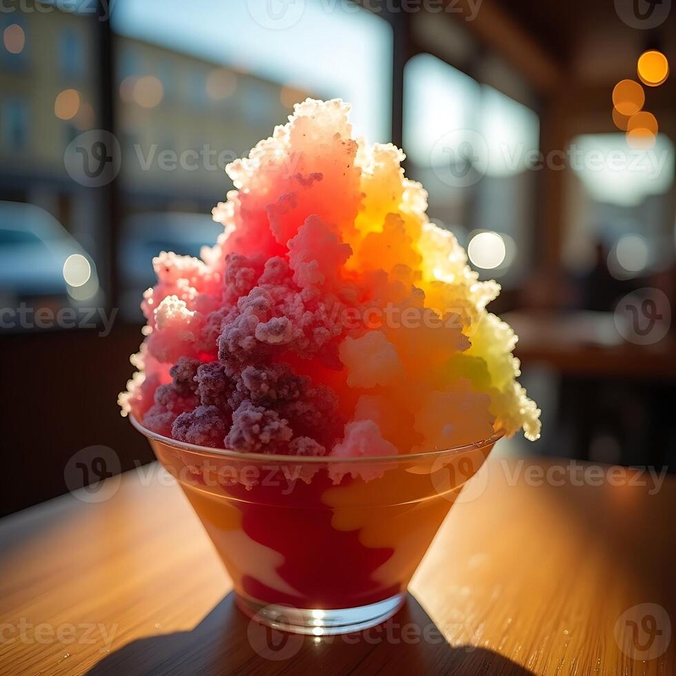 Colorful Shaved Ice Dessert on Wooden Table in Cafe photo