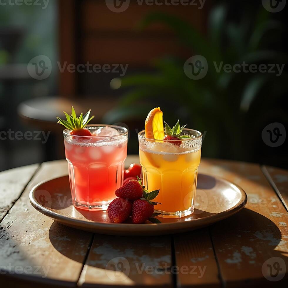 Refreshing Fruit Drinks on Wooden Tray in Sunlight photo