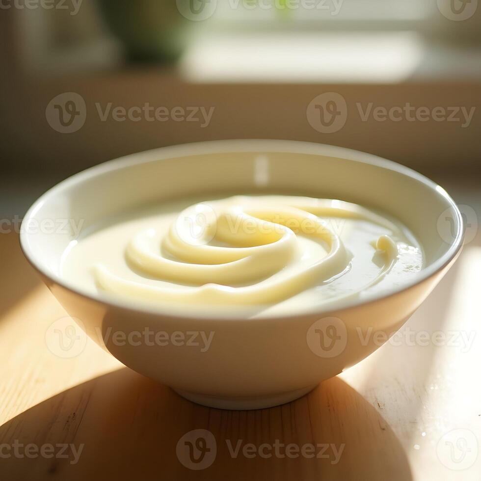 Creamy Dessert in Bowl with Swirl Design in Natural Sunlight photo