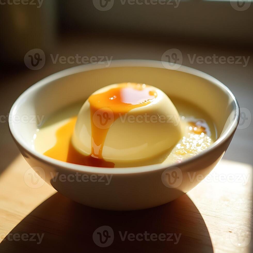 Panna Cotta Dessert with Caramel Sauce in White Bowl photo