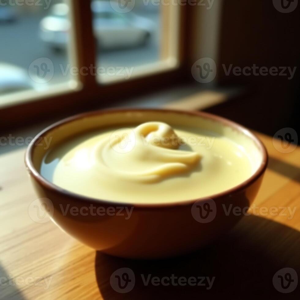 Creamy Dessert in Bowl Close Up by Window Sunny Day photo