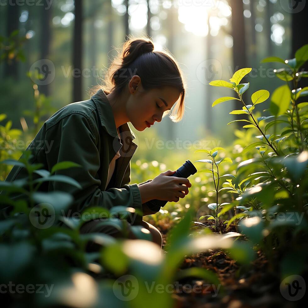 Woman Examining Plant Growth in Forest with Magnifying Glass photo
