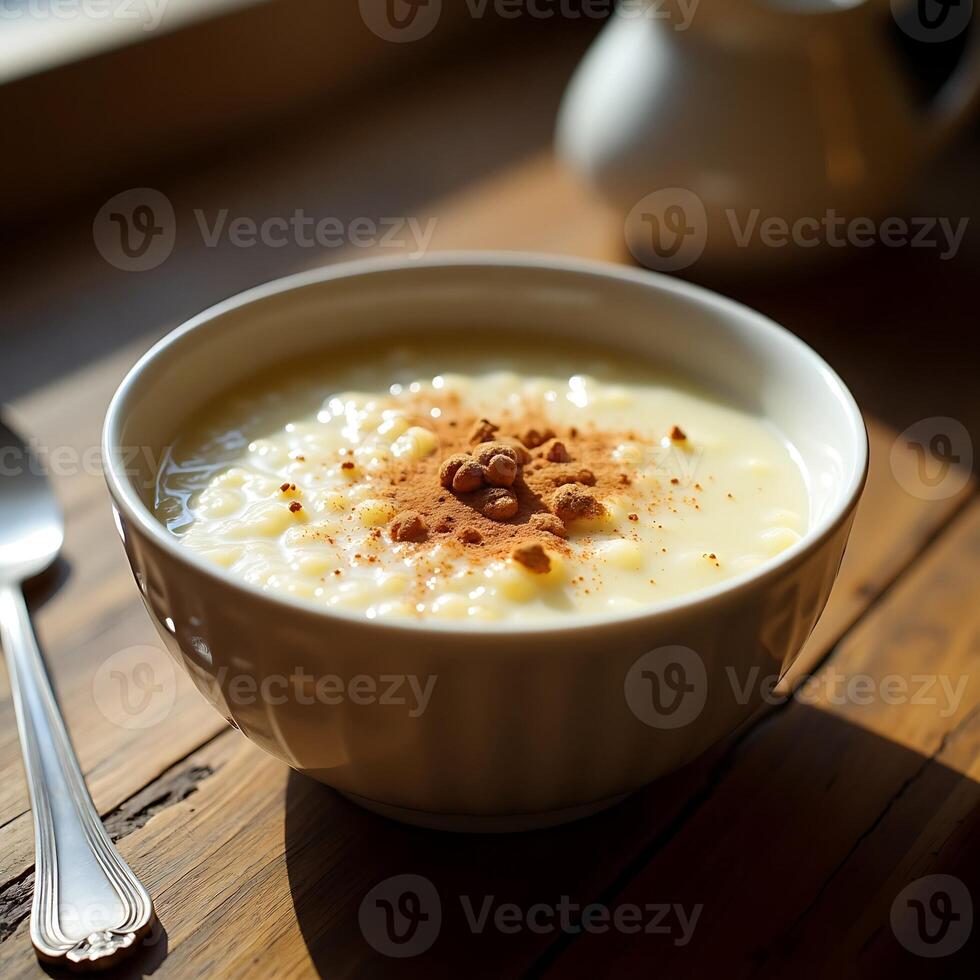 Eating Creamy Rice Pudding with Cinnamon on Wooden Table photo