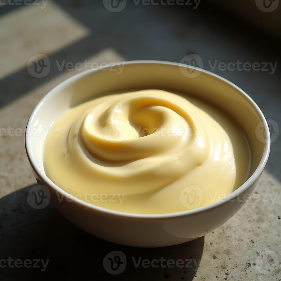 Smooth Custard Dessert in Bowl with Sunlight Streaming photo