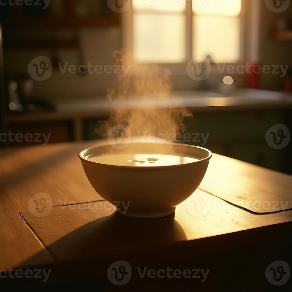 Bowl of Hot Liquid with Steam on Wooden Table in Warm Light photo