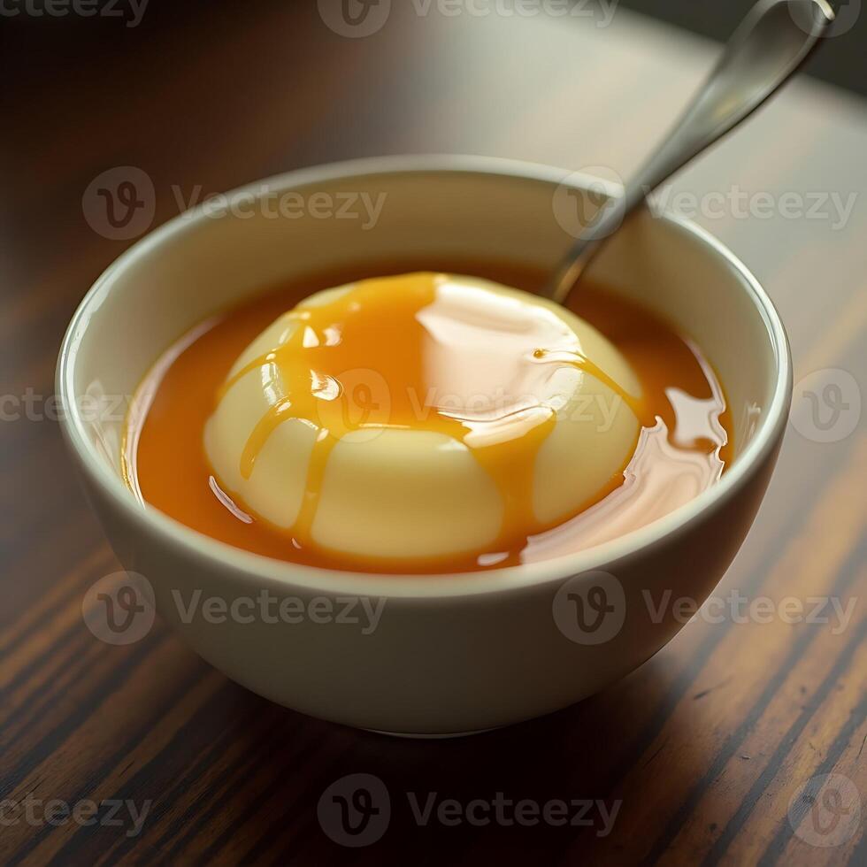 Serving Dessert with Sweet Topping in Bowl with Spoon photo