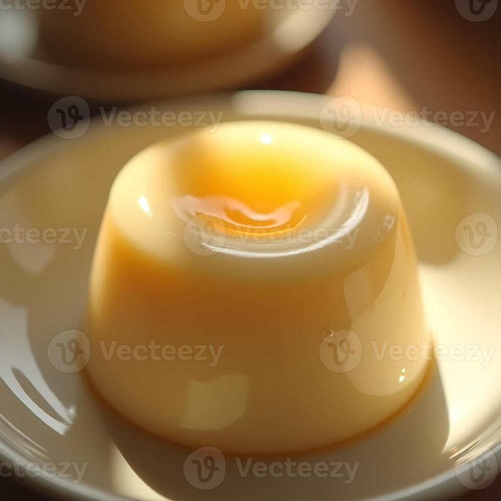 Custard Pudding Dessert on Plate Close-up photo