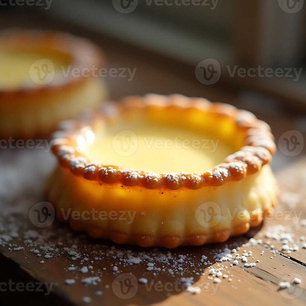 Custard Tarts on Wooden Surface, Light Background photo