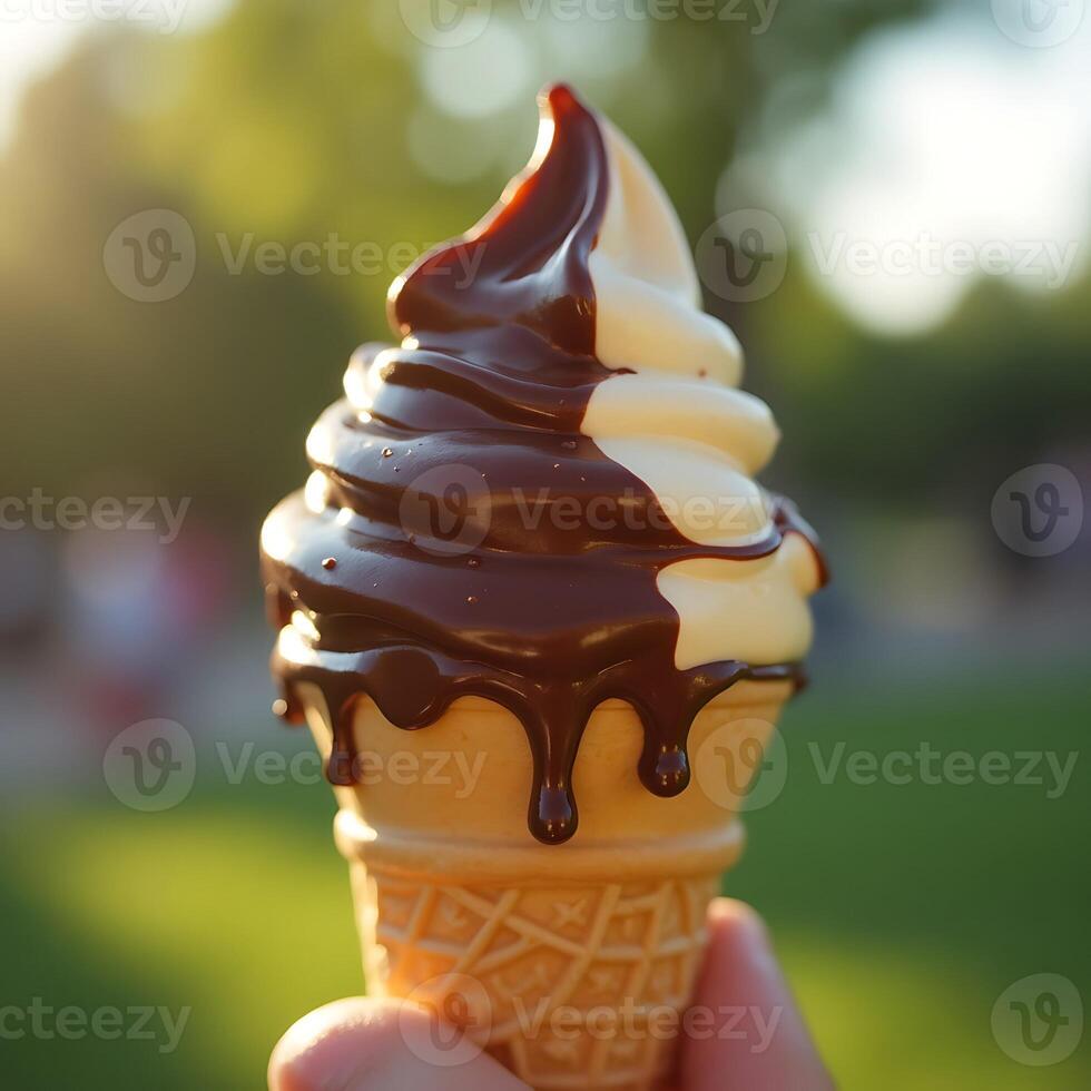 Enjoying Ice Cream Cone with Chocolate Drizzle Outdoors photo