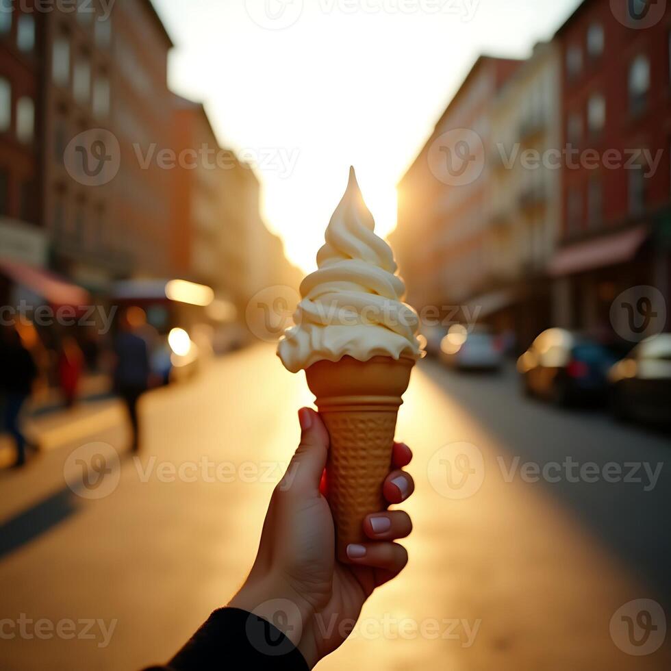 Holding Ice Cream Cone in City Street at Sunset photo