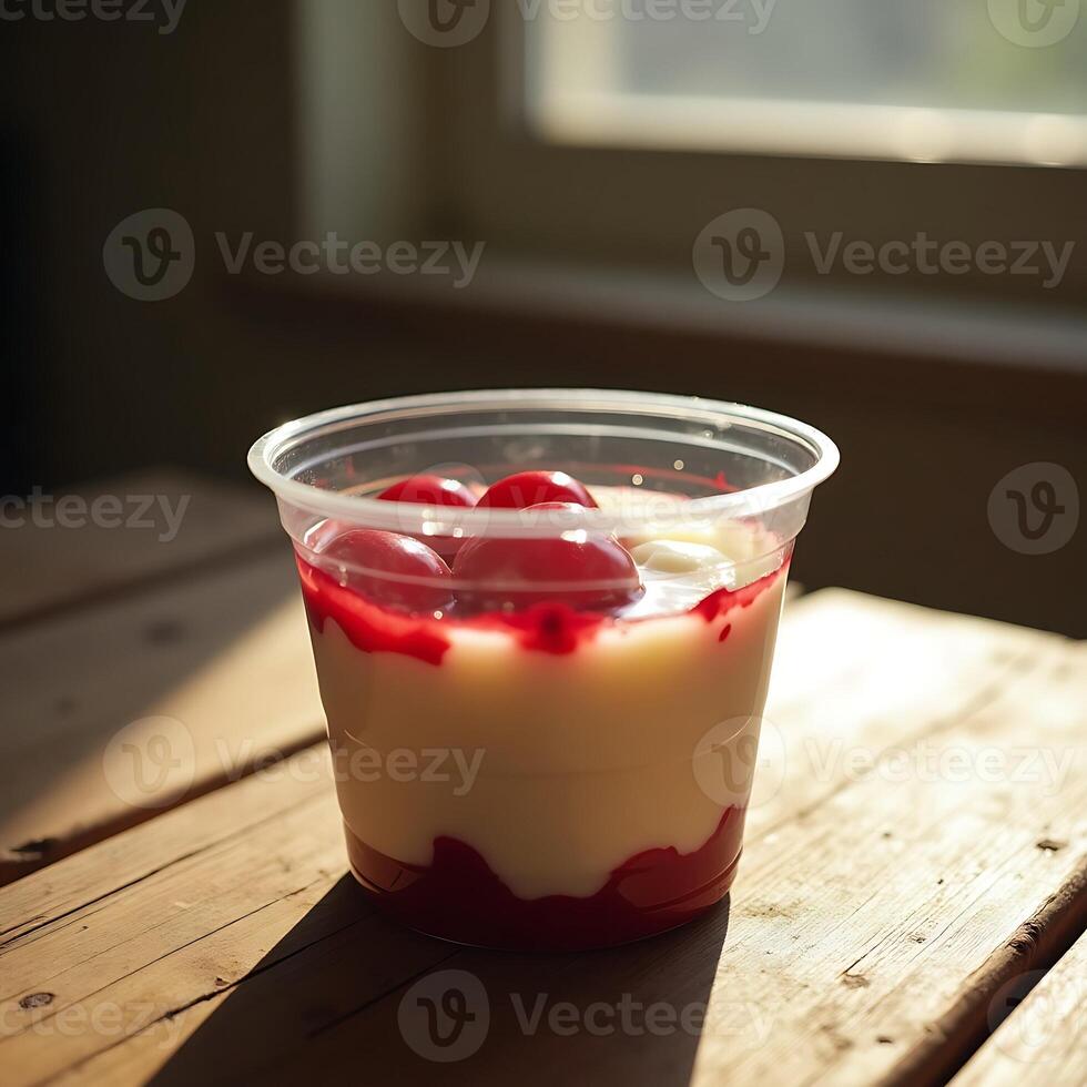 Dessert Cup with Cherries and Cream on Wooden Table photo
