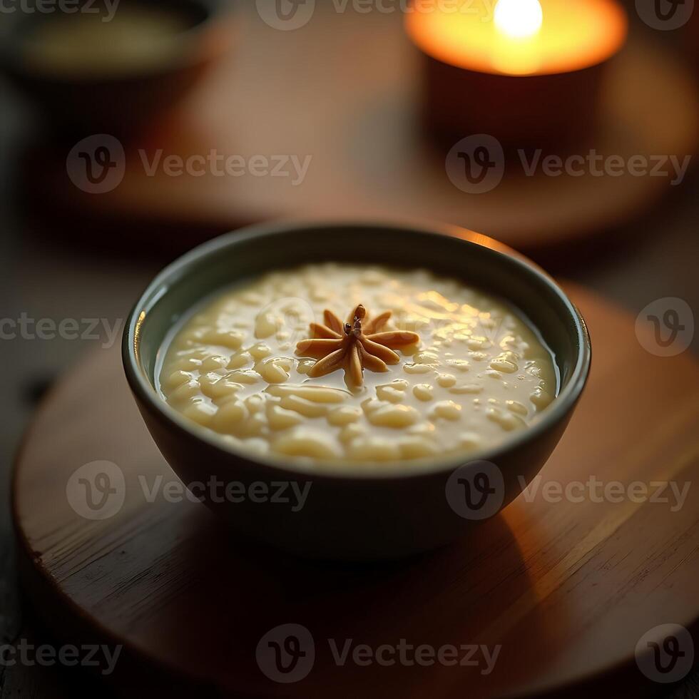 Creamy Rice Pudding Dessert with Star Anise and Candle photo