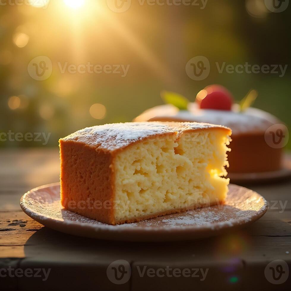 Serving of Cake on Plate with Powdered Sugar at Sunset photo