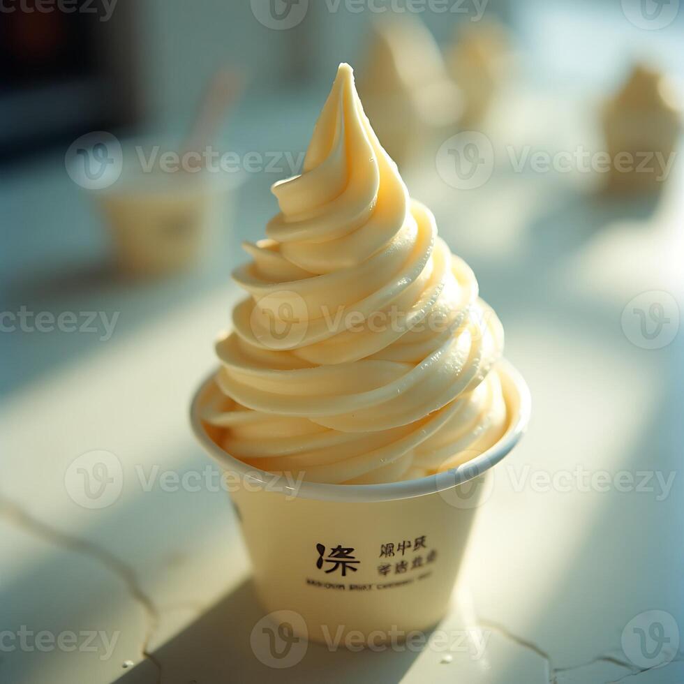 Delicious Vanilla Soft Serve Ice Cream in Cup on Bright Surface photo